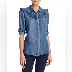 Aqua Bloomingdale’s Ruffle Chambray Shirt Size XS Western Feminine Cowgirl